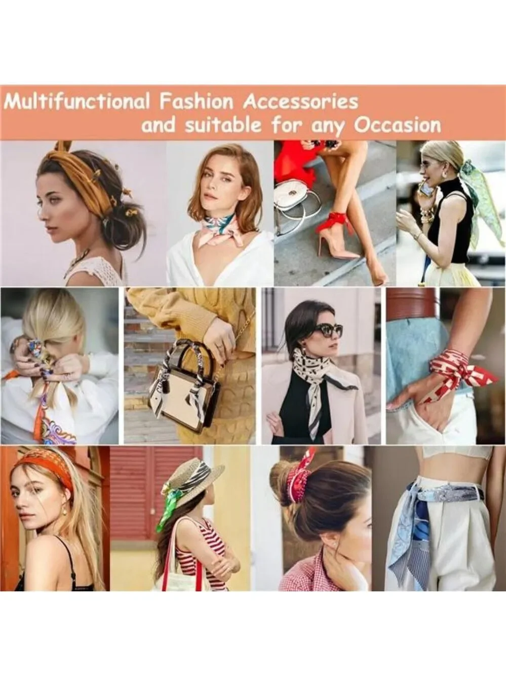 Silk like satin scarf for women long hair neck headband purse belt accessories